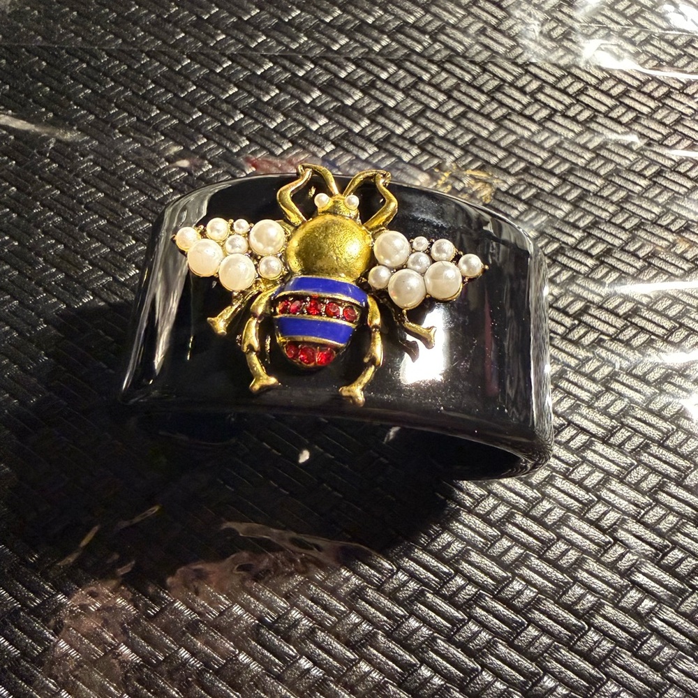 Gold Bee Accent Black Cuff Bracelet with Pearls